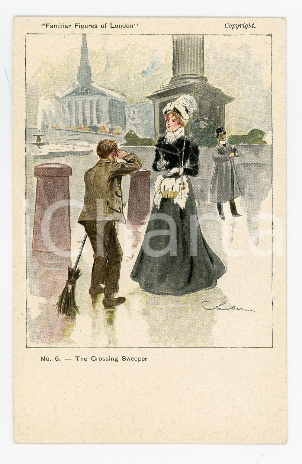 1900ca FAMILIAR FIGURES IN LONDON The Crossing Sweeper - Illustrated Postcard FP  Cartolina d'epoca, non viaggiata.CONDIZIONI: FAIRFORMATO: FP    originale e autentica 1