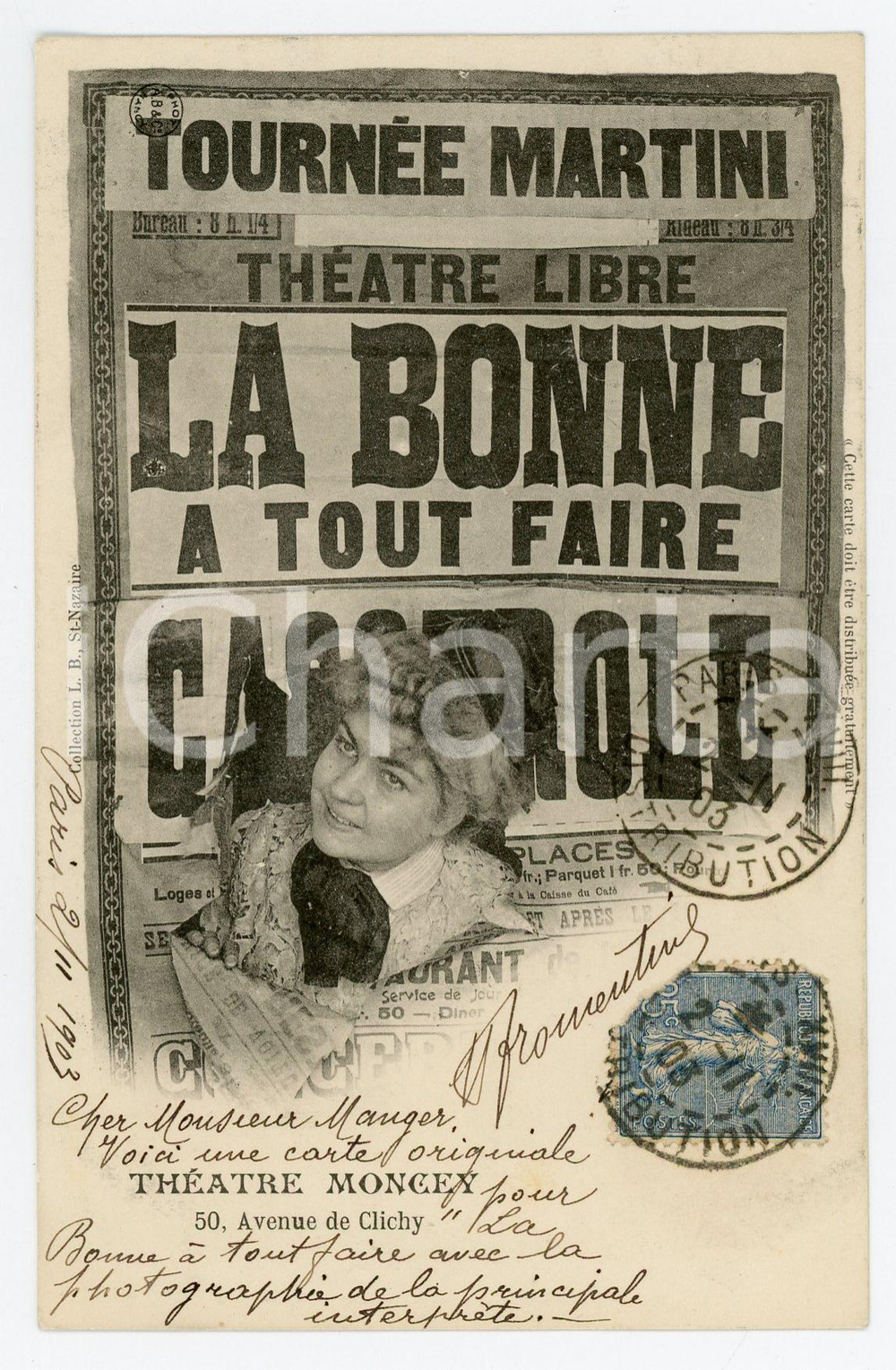 1903 PARIS - THEATRE MONCEY La bonne a tout faire - Vintage Postcard FP VG  Cartolina postale d'epoca, viaggiata.CONDIZIONI: FFORMATO: FP    originale e autentica 1