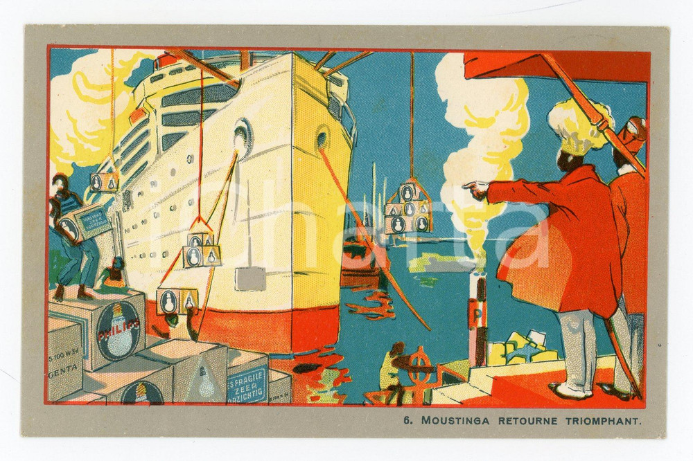 1925 ca Lampes PHILIPS ARGENTA - Moustinga retourne triomphant - Carte postale  Cartolina postale d'epoca, non viaggiata.CONDIZIONI: FFORMATO: FP    originale e autentica 1