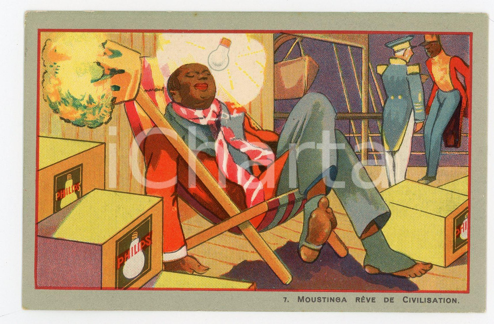 1925 ca Lampes PHILIPS - Moustinga rêve de civilisation *Carte postale ILLUSTREE Cartolina postale pubblicitaria "Philips Argenta".Non viaggiata.CONDIZIONI: GFORMATO: FP    originale e autentica 1