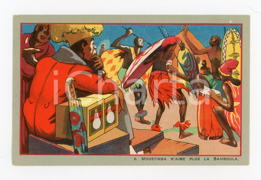 1925 ca Lampes PHILIPS - Moustinga n'aime plus la bamboula - Carte postale Cartolina postale illustrata, pubblicitaria "Philips Argenta".Non viaggiata.CONDIZIONI: GFORMATO: FP    originale e autentica 1