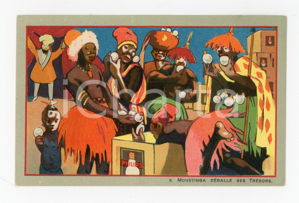1925 ca Lampes PHILIPS ARGENTA - Moustinga déballe ses trésors - Carte postale Cartolina postale illustrata, pubblicitaria "Philips Argenta".Non viaggiata.CONDIZIONI: GFORMATO: FP    originale e autentica 1