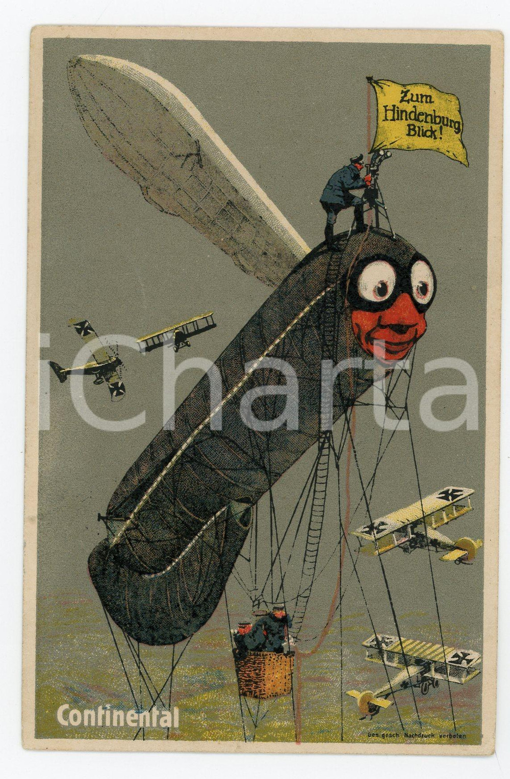 1918 CONTINENTAL - Luftschiff  - Zum Hindenburg Blick - Vintage postcard Cartolina postale d'epoca illustrata, pubblicitaria.Viaggiata, ma francobollo asportato.CONDIZIONI: GFORMATO: FP    originale e autentica 1