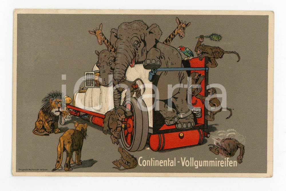 1913 CONTINENTAL Caoutchouc und Gutta-Percha-Co. - Vollgummireifen - Postcard Cartolina postale d'epoca illustrata, pubblicitaria.Non viaggiata.CONDIZIONI: FAIR (piegatura angolare)FORMATO: FP    originale e autentica 1