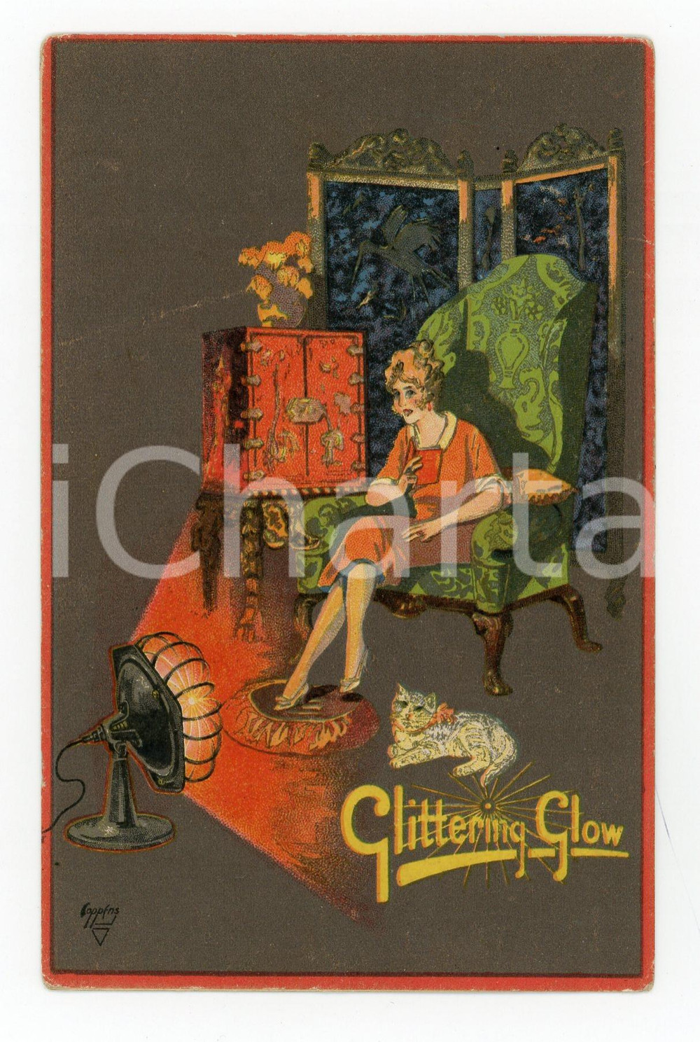 1910 ca The GLITTERING GLOW electric radiator - Illustrated vintage postcard Cartolina postale d'epoca illustrata, pubblicitaria.Non viaggiata.CONDIZIONI: GFORMATO: FP    originale e autentica 1