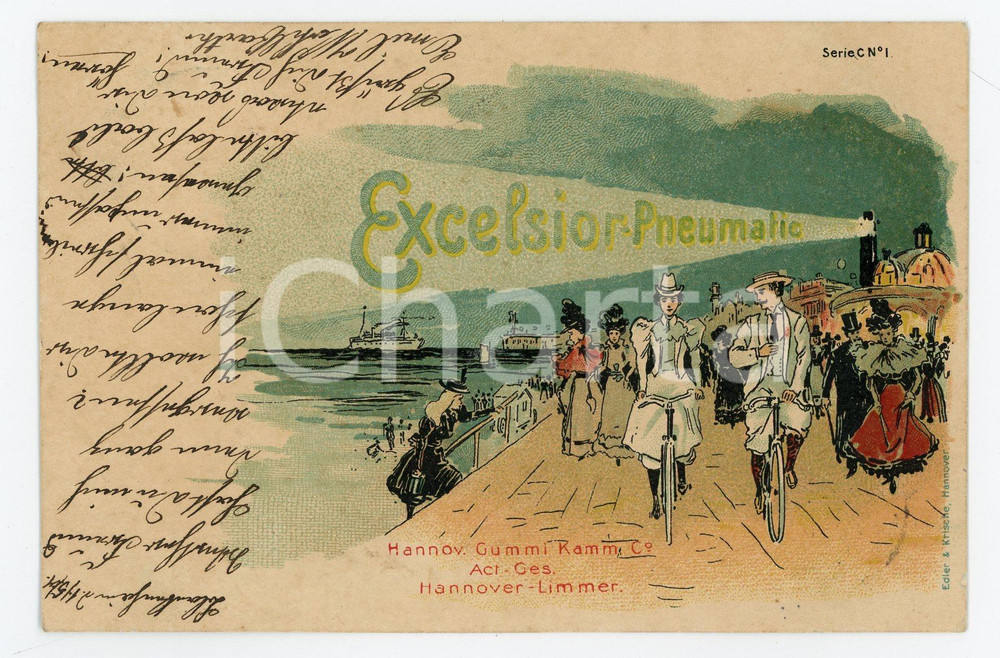 1901 HANNOVER Excelsior-Pneumatic - Vintage postcard ILLUSTRATED Cartolina postale d'epoca illustrata, pubblicitaria.Viaggiata, ma francobollo asportato.CONDIZIONI: FAIR (piegatura angolare)FORMATO: FP    originale e autentica 1