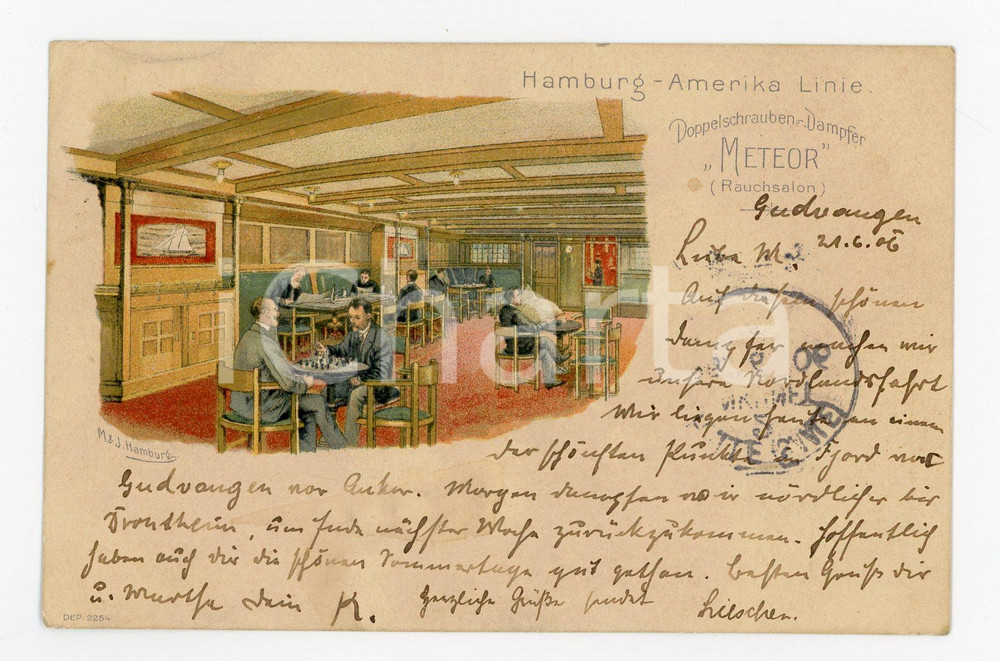 1906 HAPAG-HAMBURG AMERIKA Linie - METEOR (Rauchsalon) Vintage postcard Cartolina postale d'epoca illustrata, pubblicitaria.Viaggiata, ma francobollo asportato.CONDIZIONI: GFORMATO: FP    originale e autentica 1