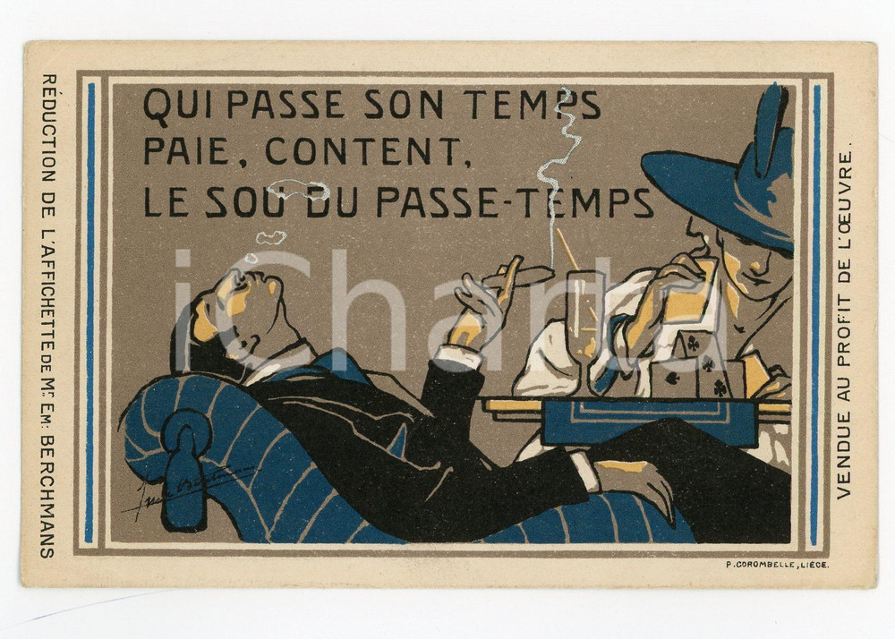 1910 ca BELGIQUE Le Sou du Passe-Temps - Carte postale ill. Emile BERCHMANS Cartolina postale d'epoca, non viaggiata.CONDIZIONI: FAIR (piegature angolari)FORMATO: FP    originale e autentica 1