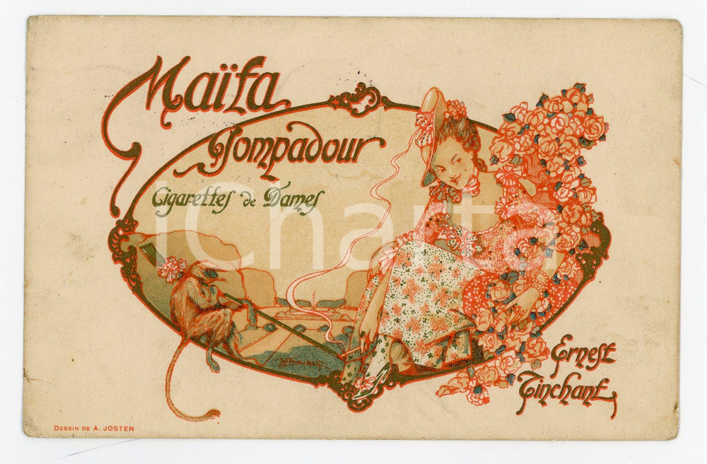1916 BELGIQUE MAIFA POMPADOUR Cigarettes de Dames - Carte postale ill. A. JOSTEN Cartolina postale d'epoca, illustrata, pubblicitaria.Viaggiata, con francobollo parzialmente asportato.CONDIZIONI: FAIR (lievi macchie e smussature angolari)FORMATO: FP    originale e autentica 1