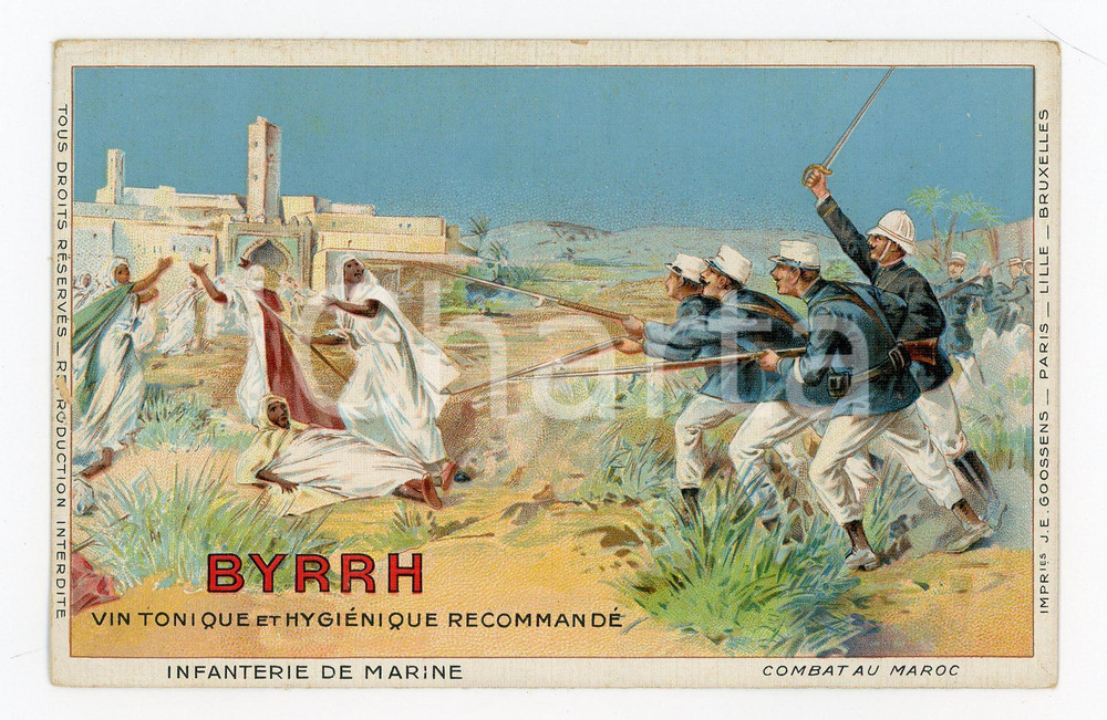1910 BELGIQUE BYRRH Vin tonique - Infanterie au Maroc Carte postale ILLUSTREE Cartolina postale pubblicitaria, illustrata con immagine "Infanterie de Marine - Combat au Maroc".Non viaggiata.CONDIZIONI: G (minima abrasione al lato sinistro)FORMATO: FP    originale e autentica 1