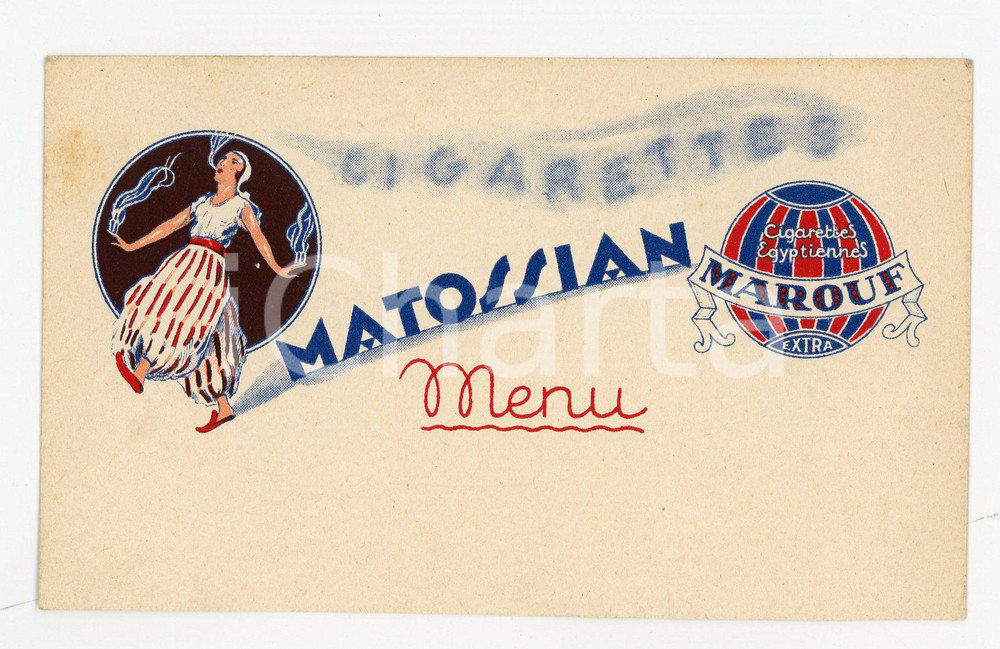 1910 ca Cigarettes Egyptiennes MAROUF - MATOSSIAN Menu - Carte postale ILLUSTREE Cartolina postale pubblicitaria, illustrata.Non viaggiata.CONDIZIONI: G (margine inferiore lievemente rifilato)FORMATO: FP    originale e autentica 1