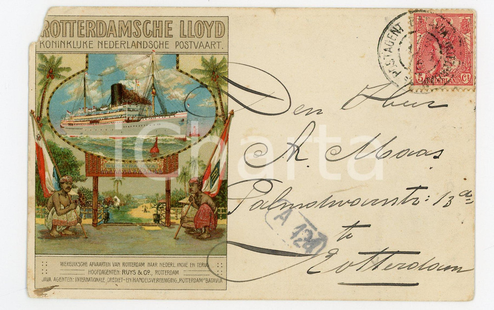 1916 ROTTERDAMISCHE LLOYD - Sumatra-Java - Vintage postcard COLONIAL DAMAGED Cartolina postale pubblicitaria, illustrata, viaggiata.CONDIZIONI: VERY POOR (mancanza angolare; piegature angolari)FORMATO: FP    originale e autentica 1