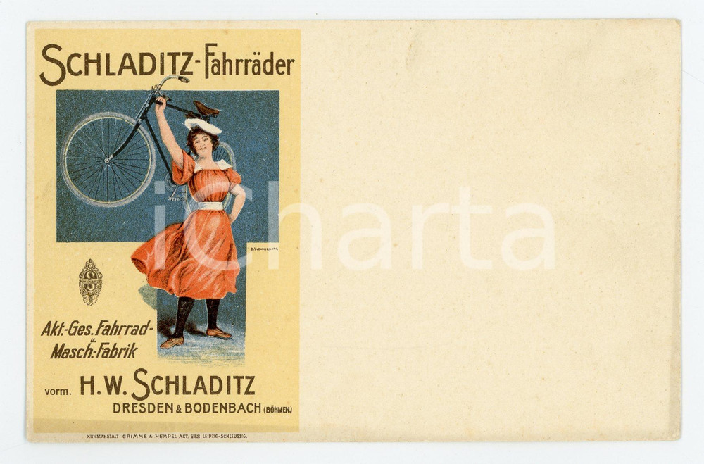 1900 ca DRESDEN & BODENBACH - SCHLADITZ - Fahrräder - Vintage postcard bycicle Cartolina postale pubblicitaria, illustrata, non viaggiata.Illustratore B. Wennerberg.CONDIZIONI: GFORMATO: FP    originale e autentica 1