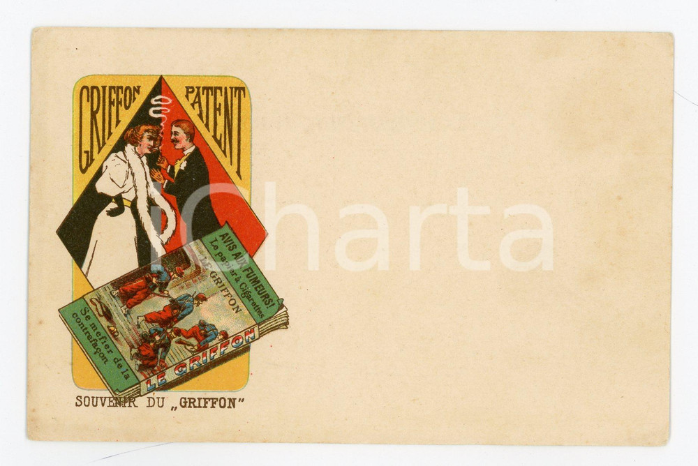 1900 ca GRIFFON PATENT Papier à cigarettes - Vintage postcard ILLUSTRATED Cartolina postale pubblicitaria, illustrata, non viaggiata.CONDIZIONI: G (lievi macchie al verso)FORMATO: FP    originale e autentica 1