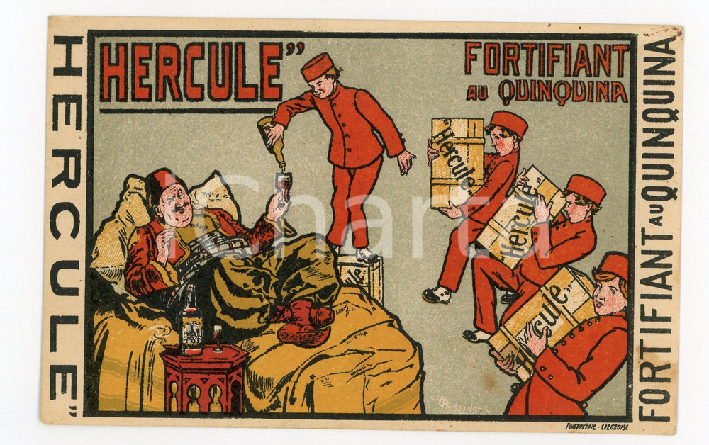 1910 ca HERCULE Fortifiant au Quinquina - Carte postale illustrée POISSINGER Cartolina postale pubblicitaria, realizzata da illustrazione di Poissinger.Non viaggiata.CONDIZIONI: FAIR (lievi macchie laterali; piccole abrasioni al verso)FORMATO: FP    originale e autentica 1