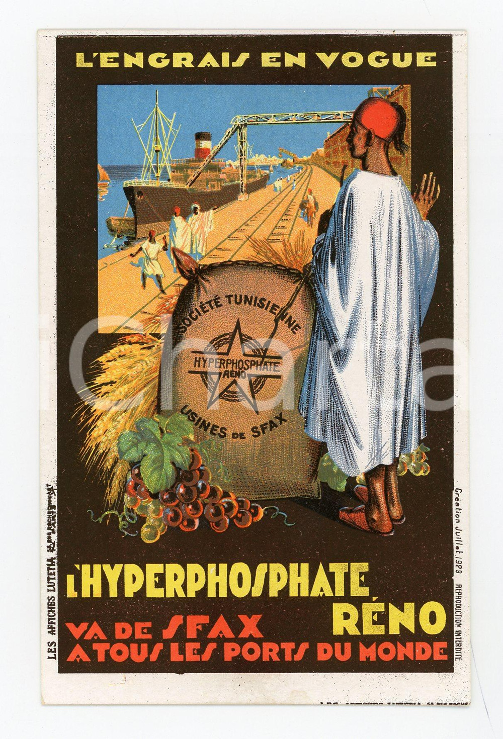 1929 SFAX Société Tunisienne HYPERPHOSPHATE RENO - Carte postale vintage Pregevole cartolina postale pubblicitaria, illustrata a colori.Non viaggiata.CONDIZIONI: GFORMATO: FP    originale e autentica 1