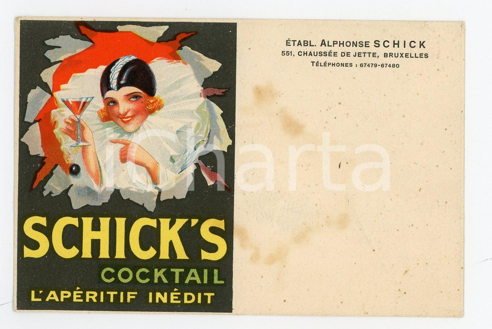 1910 ca BRUXELLES SCHICK'S Cocktail - L'apéritif inédit - Carte postale vintage Cartolina postale pubblicitaria, illustrata, realizzata per la ditta Alphonse Schick.Non viaggiata.CONDIZIONI: FAIR (fioriture)FORMATO: FP    originale e autentica 1
