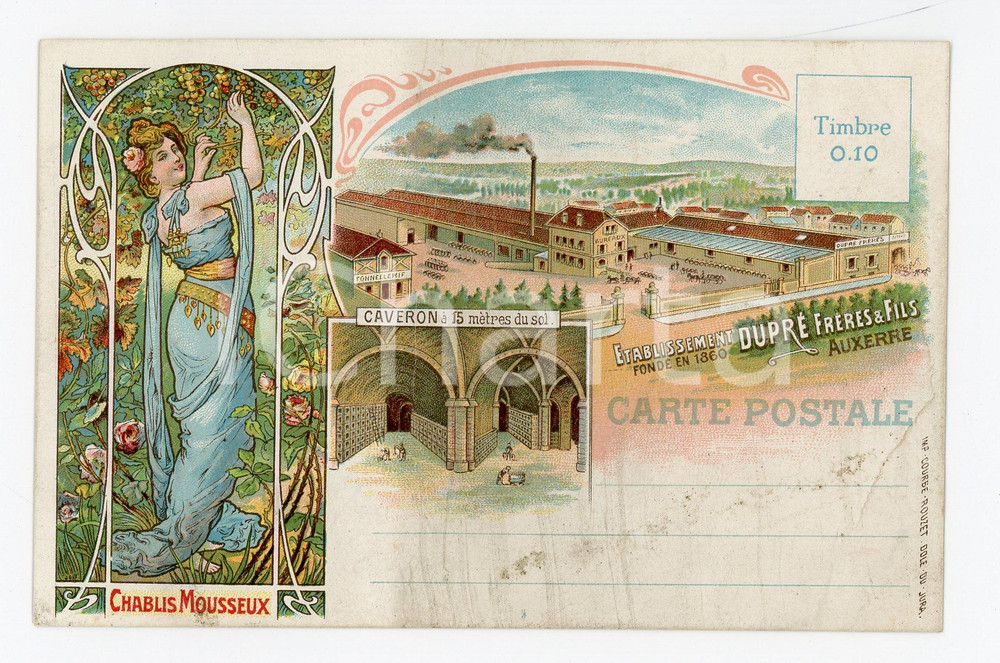1910 ca AUXERRE Etablissement DUPRE Frères - Chablis Mousseux - Carte postale Cartolina postale pubblicitaria, illustrata a colori, non viaggiata.CONDIZIONI: POOR (piegatura al lato destro e macchie al margine inferiore)FORMATO: FP    originale e autentica 1