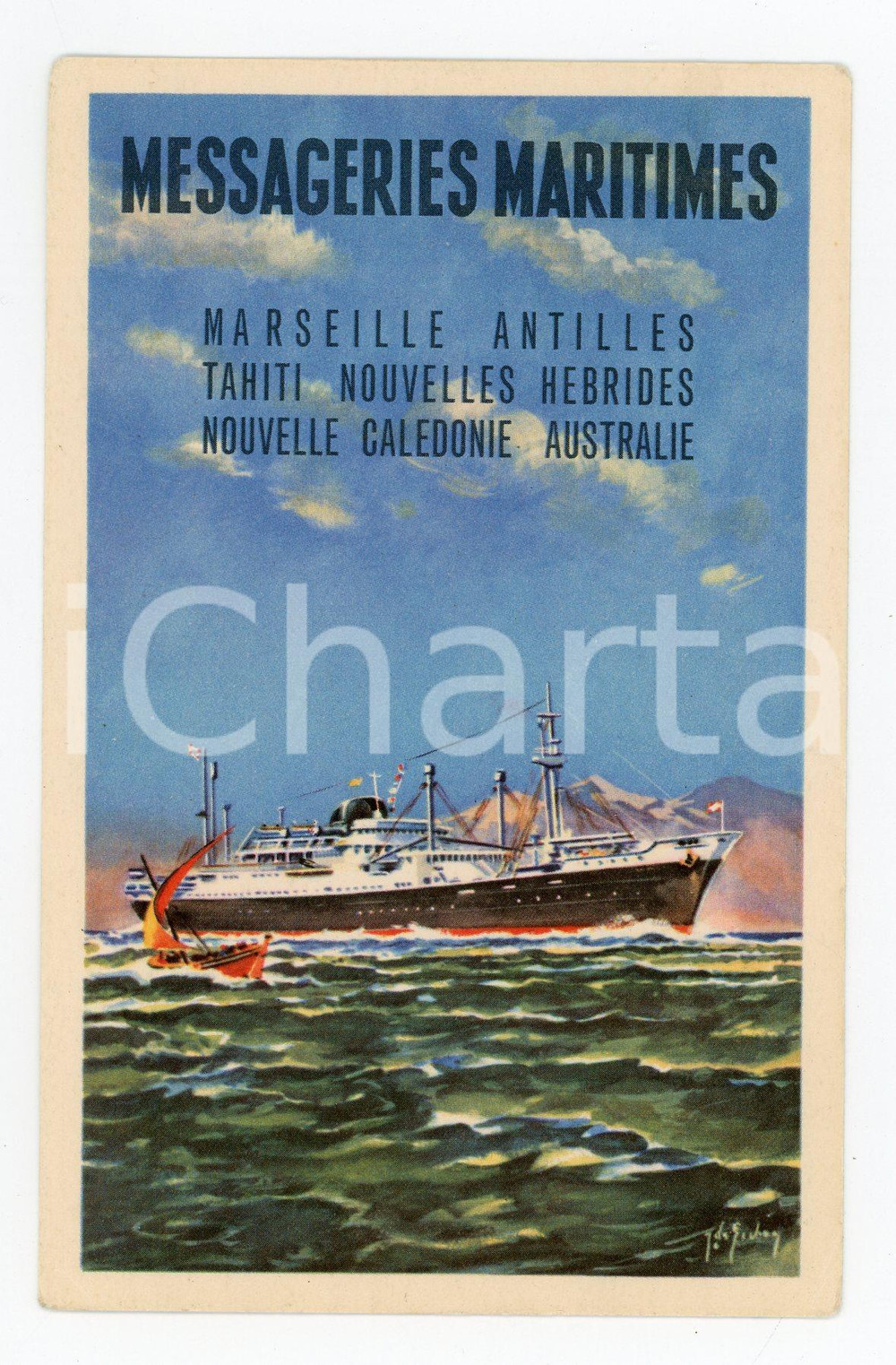 1920 MESSAGERIES MARITIMES Marseille Antilles Tahiti *Carte postale illustrée  Cartolina postale pubblicitaria d'epoca, illustrata a colori, non viaggiata.CONDIZIONI: G (minime smussature angolari)FORMATO: FP    originale e autentica 1