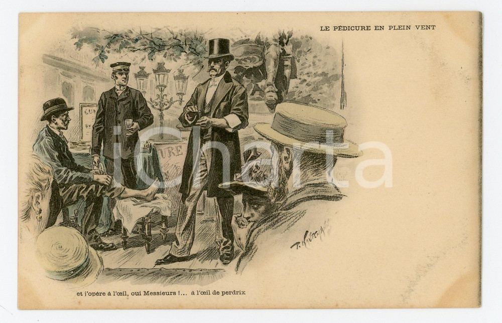 1900 ca FRANCE La pédicure en plein vent - Carte postale illustrée P. KAUFMANN  Cartolina postale d'epoca, illustrata, non viaggiata.CONDIZIONI: FAIR (ingiallimenti angolari)FORMATO: FP    originale e autentica 1