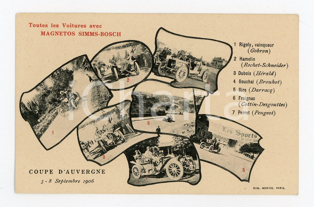 1906 AUTOMOBILE Classement Coupe d'Auvergne - Carte postale MAGNETOS SIMMS-BOSCH  Cartolina postale d'epoca, non viaggiata.CONDIZIONI: GFORMATO: FP    originale e autentica 1