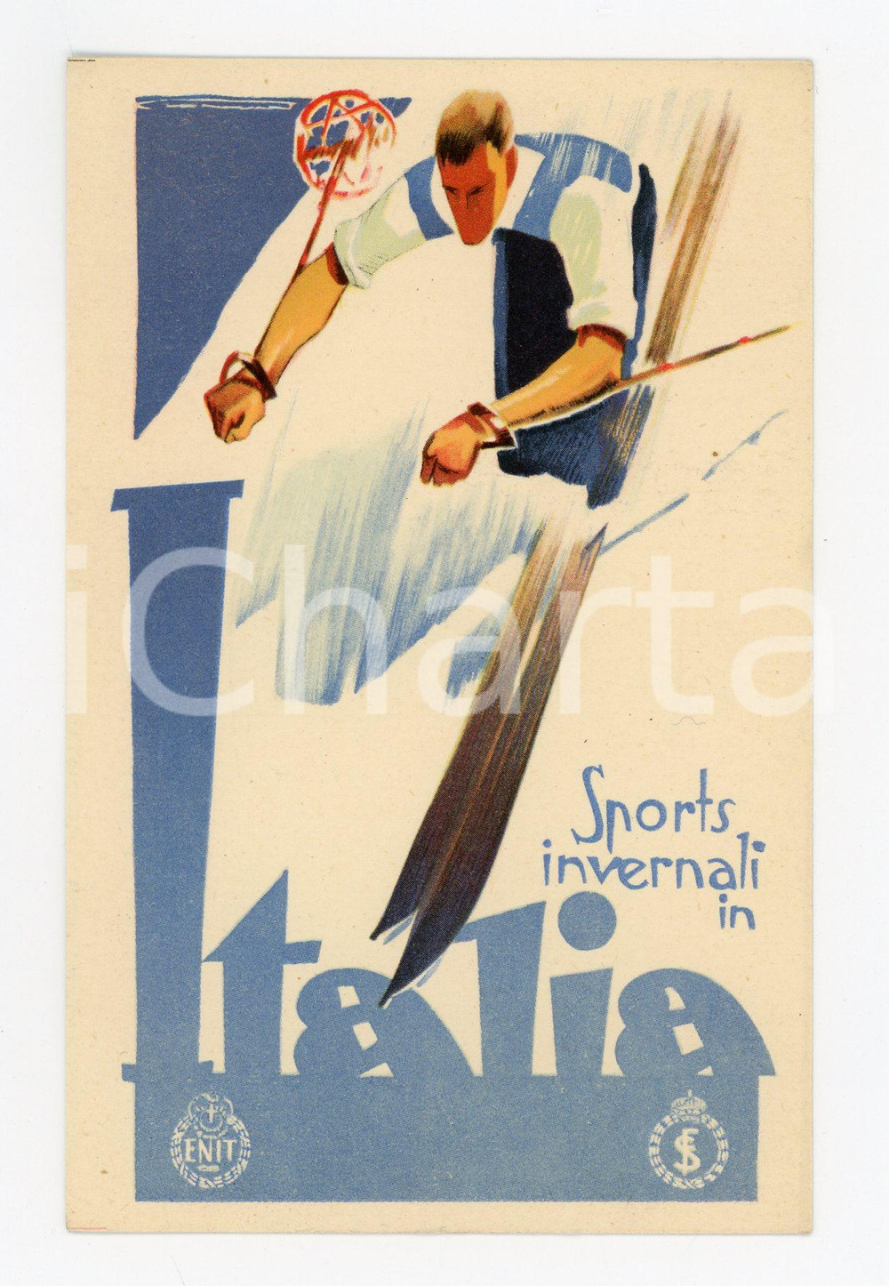 1925ca ENIT Sports invernali in Italia - Discesa libera SCI Cartolina ILLUSTRATA  Cartolina postale d'epoca, non viaggiata.CONDIZIONI: FAIRFORMATO: FP    originale e autentica 1