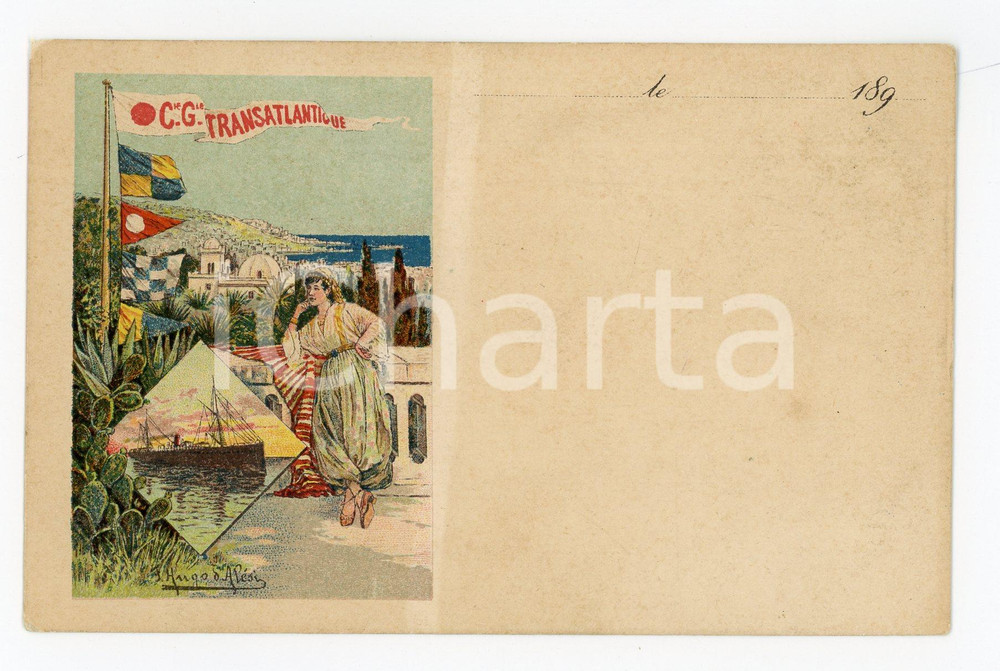 1890ca FRANCE Compagnie Générale TRANSATLANTIQUE Ill. Hugo D'ALESI Carte postale  Cartolina postale d'epoca, viaggiata.CONDIZIONI: G (minimi ingiallimenti al lato destro)FORMATO: FP    originale e autentica 1