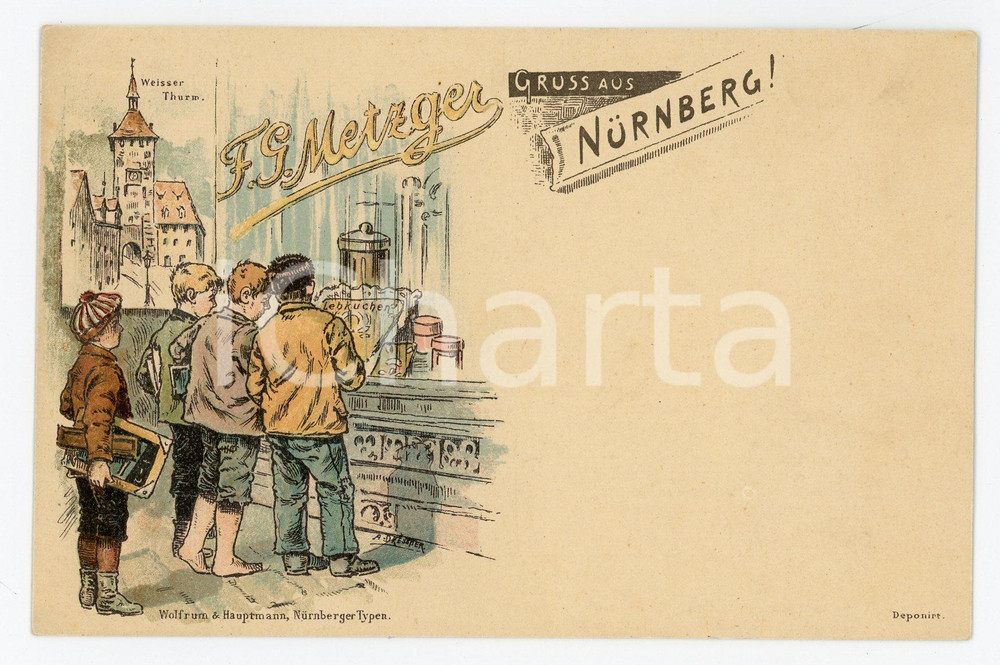 1900 ca NURNBERG - F.G. METZGER Schokoladenladen ILLUSTRATED Postcard FP NV  Cartolina postale d'epoca, non viaggiata.CONDIZIONI: FFORMATO: FP    originale e autentica 1