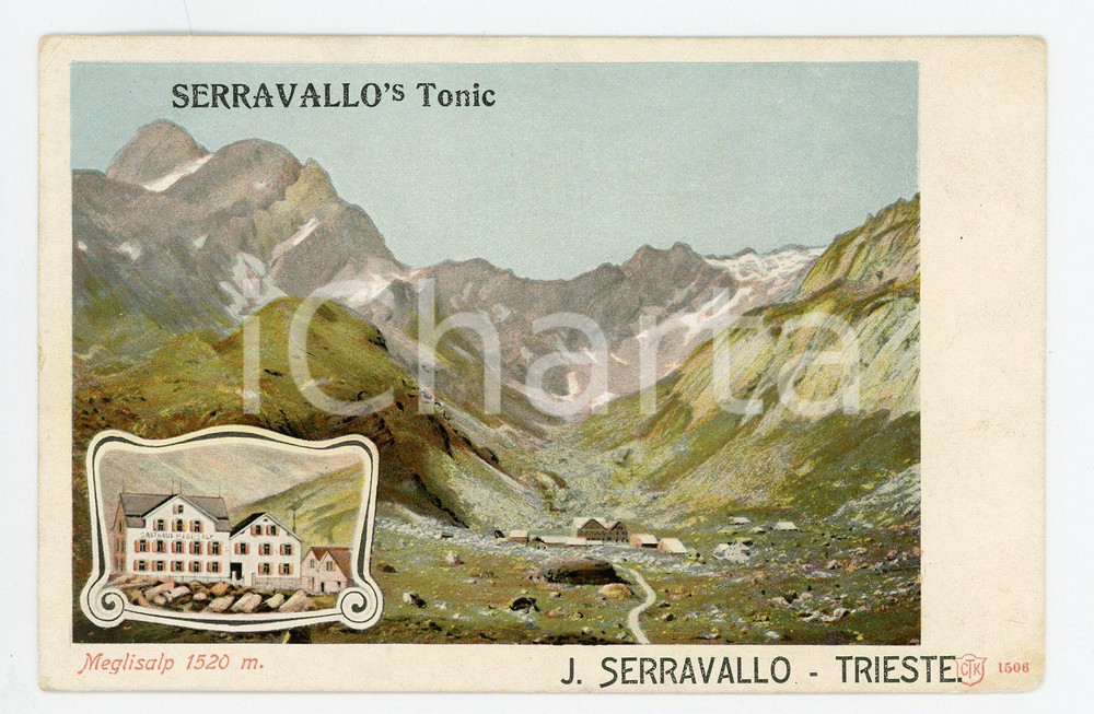 1910 ca SCHWEIZ MEGLISALP J. SERRAVALLO's Tonic - Quinquina - Vintage postcard Cartolina postale pubblicitaria, illustrata, non viaggiata.Realizzata per la ditta J. Serravallo - Trieste.CONDIZIONI: G (minime smussature angolari)FORMATO: FP    originale e autentica 1