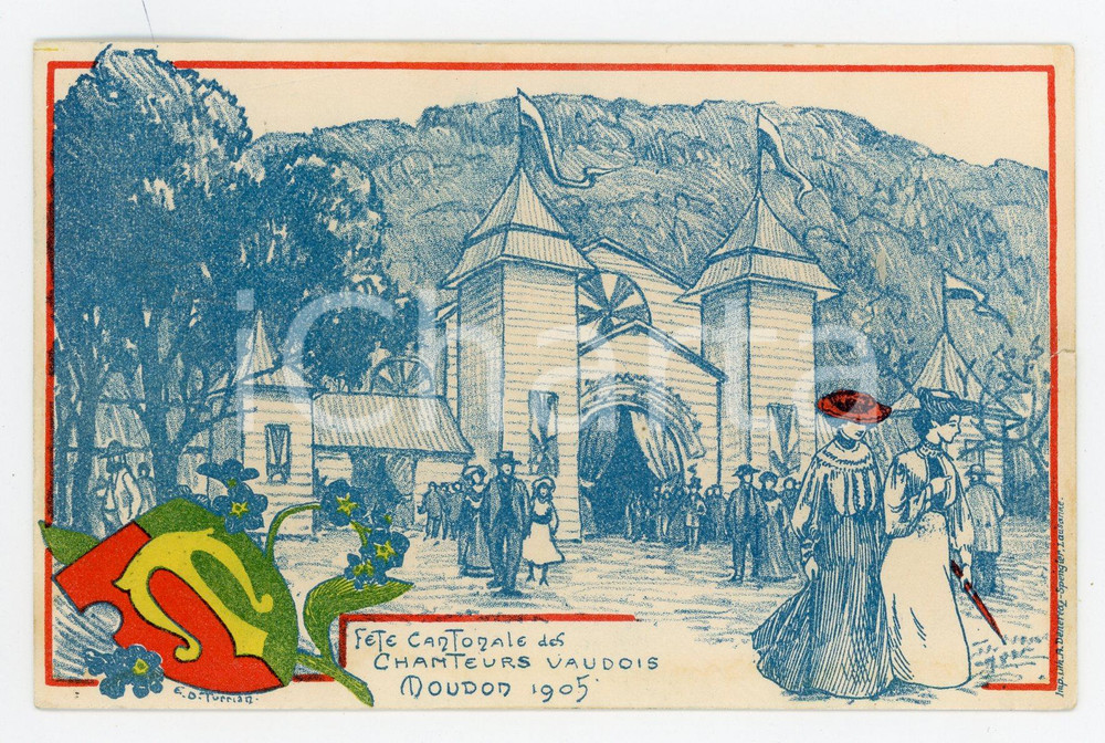 1905 MOUDON SUISSE Fête cantonale chanteurs vaudois - Carte postale ill. TURRIAN Cartolina postale illustrata da E. D. Turrian, viaggiata (francobollo asportato).CONDIZIONI: VERY POOR (al verso sono presenti abrasioni diffuse e residui cartacei)FORMATO: FP    originale e autentica 1