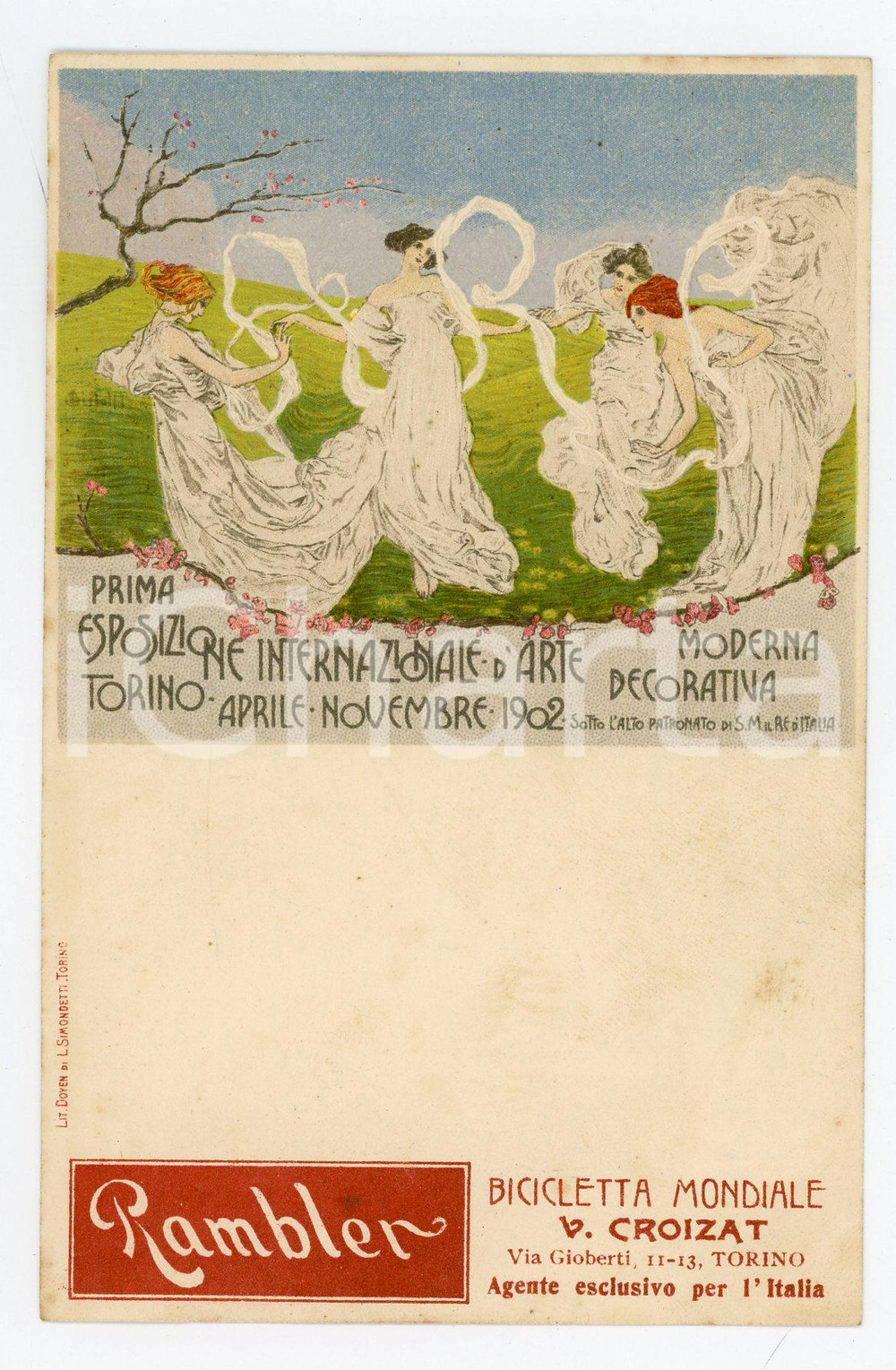 1902 TORINO Prima Esposizione internazionale d'arte moderna decorativa CARTOLINA  Cartolina postale d'epoca, non viaggiata.Con pubblicit&agrave; Rambler, la biciletta mondiale - V. Croizat, Torino CONDIZIONI: FFORMATO: FP    originale e autentica 1