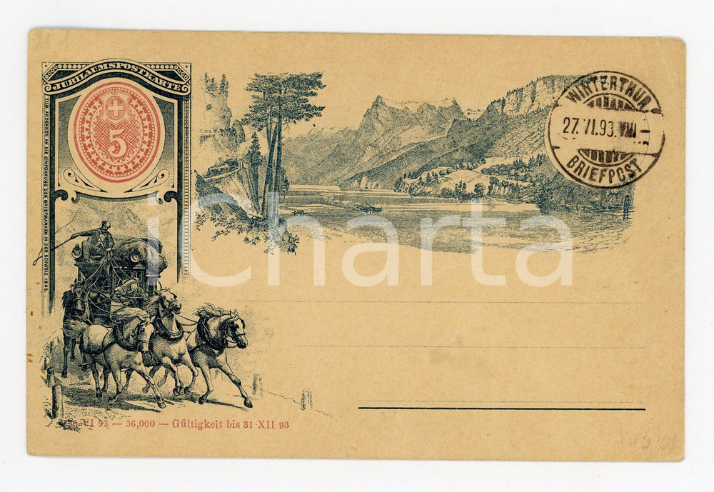 1893 WINTERTHUR SCHWEIZ Jubilaeum Postkarte 50 Jahre - Vintage postcard  Cartolina postale d'epoca, commemorativa di cinquantenario " zum Andenken an die Einf&uuml;hrung der Briefmarken in der Schweiz 1843'".CONDIZIONI: FAIR (piegature angolari e residuo cartaceo al verso)FORMATO: FP    originale e autentica 1