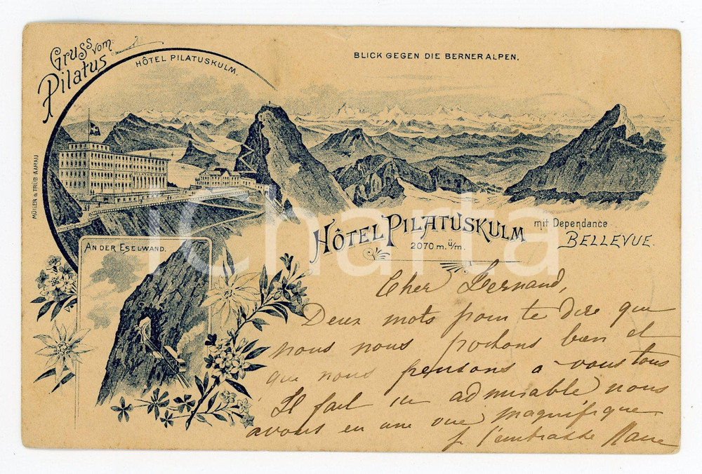 1898 KRIENS (SCHWEIZ) Hotel PILATUS-KULM - Berner Alpen - Vintage postcard  Cartolina postale d'epoca, viaggiata.CONDIZIONI: FAIR (due minimi strappi marginali)FORMATO: FP    originale e autentica 1