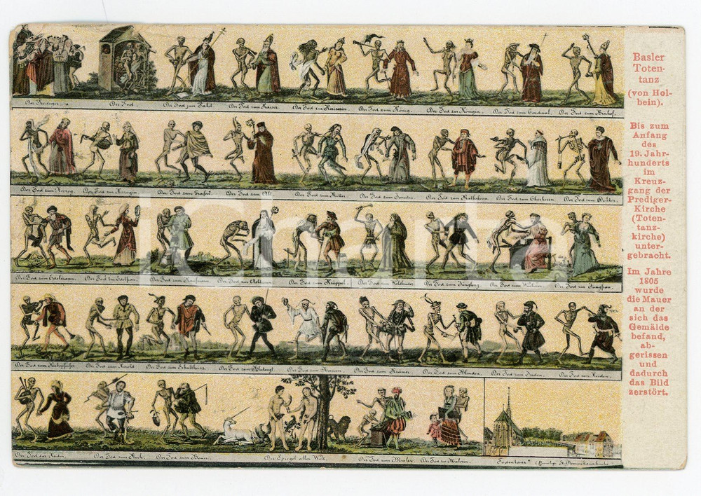 1912 SCHWEIZ Basler Totentanz (von Holbein) - Vintage illustrated postcard  Cartolina postale d'epoca, viaggiata.CONDIZIONI: FAIR (smussature angolari)FORMATO: FP    originale e autentica 1