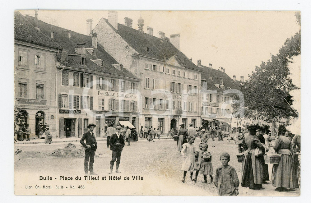 1912 BULLE (SUISSE) Place du Tilleul et Hotel de Ville - Carte postale ANIMEE  Cartolina postale d'epoca, viaggiata (ma francobollo asportato).CONDIZIONI: GFORMATO: FP    originale e autentica 1