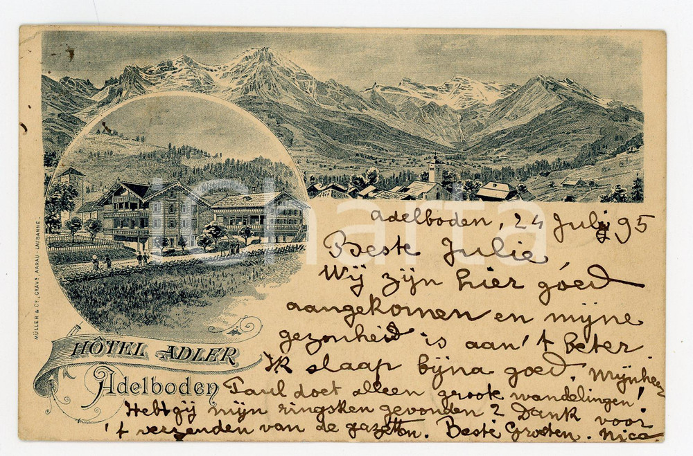 1895 ADELBODEN (SCHWEIZ) Hotel ADLER - Vintage postcard ILLUSTRATED  Cartolina postale d'epoca, viaggiata.CONDIZIONI: G (ma piccole piegature angolari)FORMATO: FP    originale e autentica 1