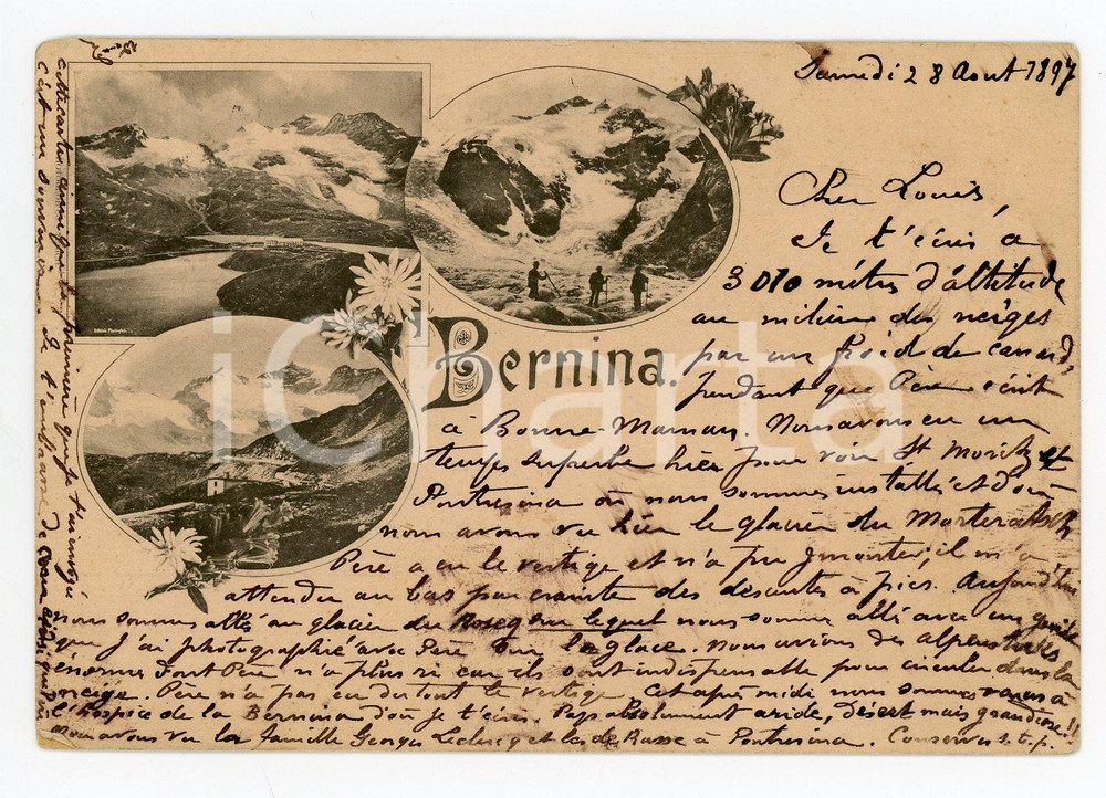 1897 ALPI DEL BERNINA (SCHWEIZ) Cartolina postale ILLUSTRATA vintage FP VG  Cartolina postale d'epoca, viaggiata.CONDIZIONI: FAIR (piccole smussature angolari)FORMATO: FP    originale e autentica 1