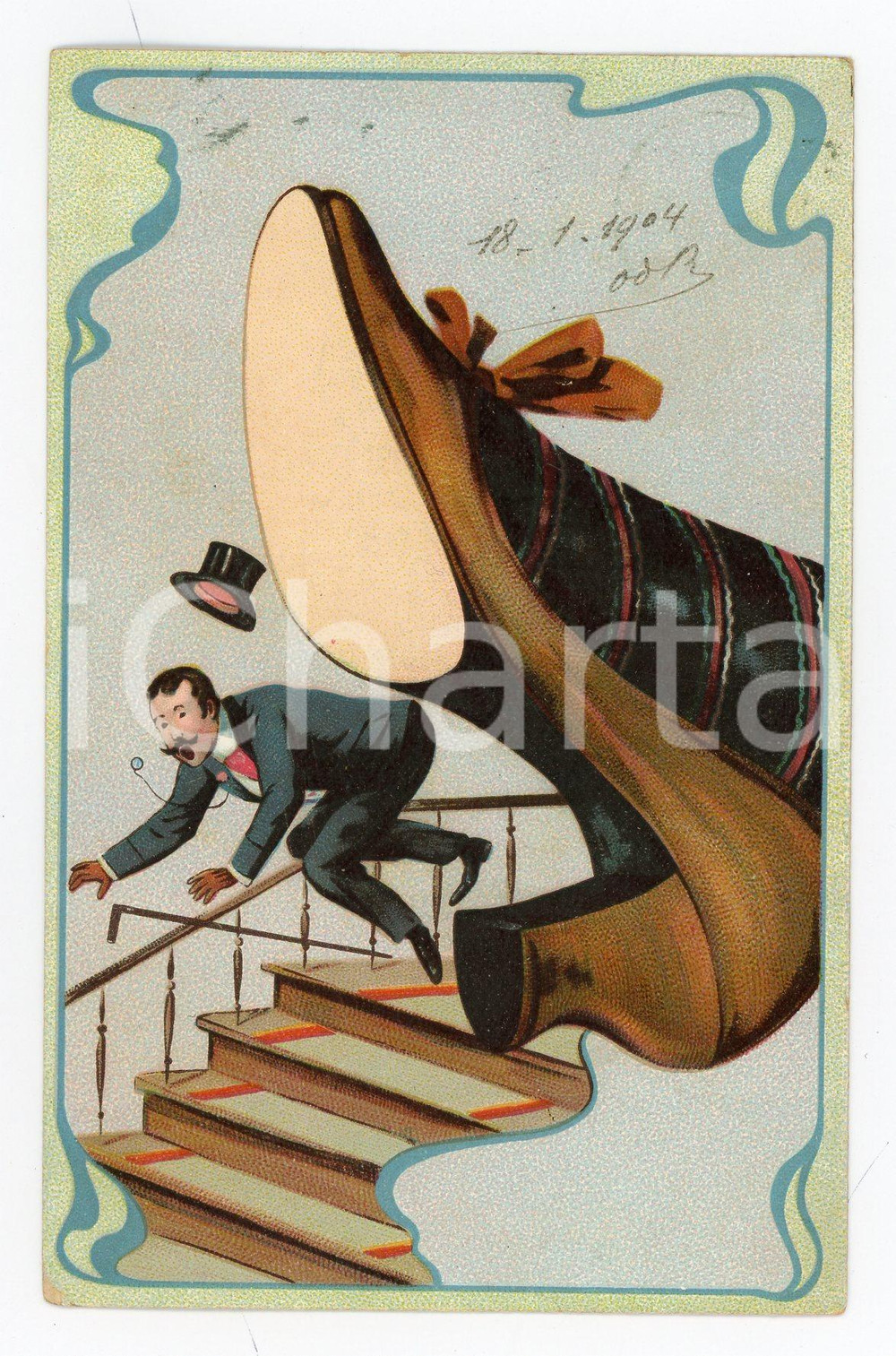 1904 SATIRA Gentiluomo calciato da scarpa gigante Cartolina ILLUSTRATA FP VG  Cartolina postale d'epoca, viaggiata.CONDIZIONI: FAIRFORMATO: FP    originale e autentica 1