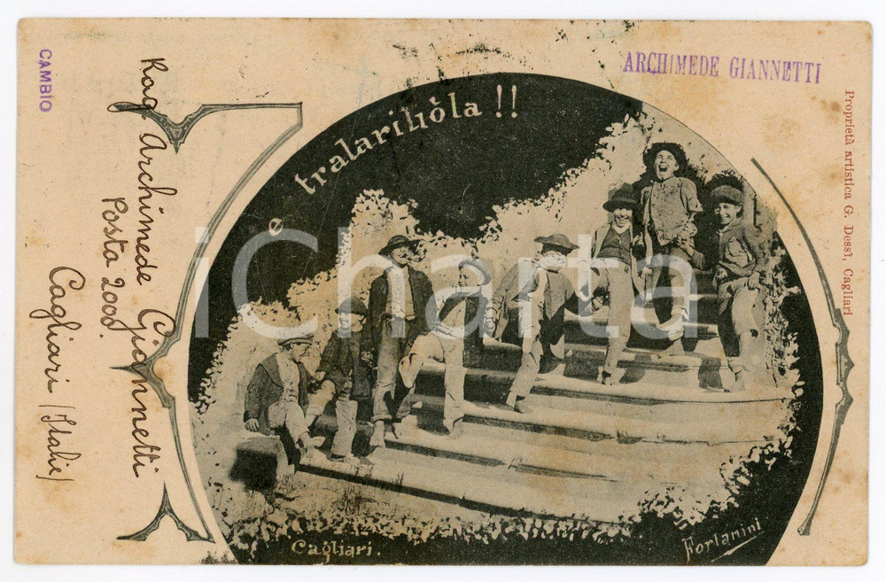 1908 COSTUMI SARDEGNA CAGLIARI E Tralariliola!! *Cartolina ill. FORLANINI RARA  Rara e pregevole cartolina postale d'epoca, illustrata, viaggiata.Timbro del mittente Archimede Giannetti - CagliariEDITORE: Dess&igrave; - CagliariCONDIZIONI: FAIR (fioriture)FORMATO: FP    originale e autentica 1