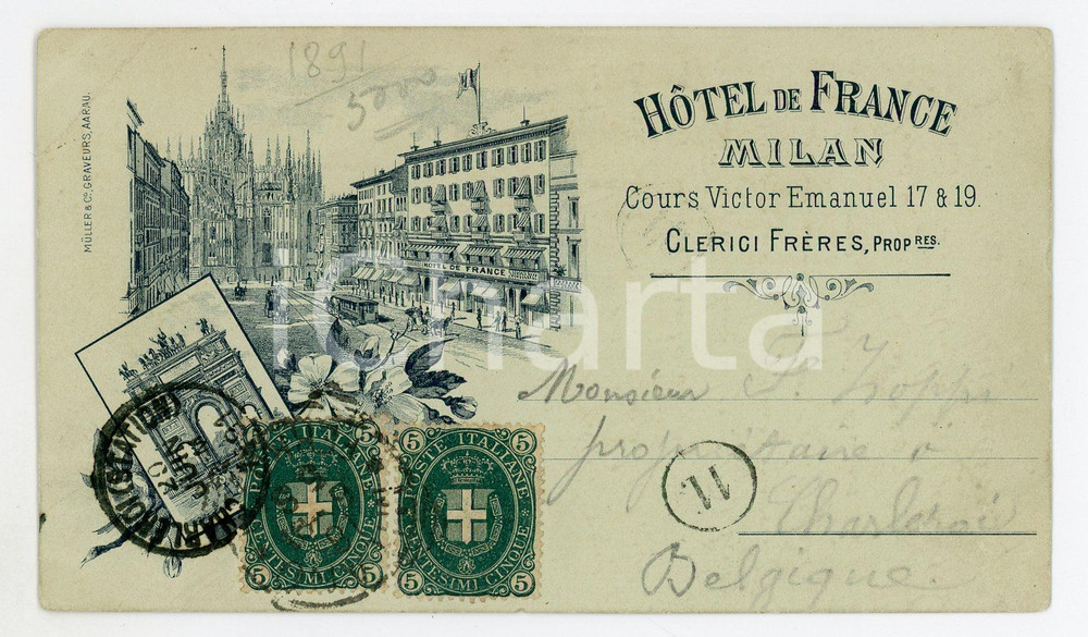 1891 MILANO Corso Vittorio Emanuele - Hotel de France *Cartolina ILLUSTRATA RARA  Rara e pregevole cartolina postale d'epoca, illustrata, viaggiata.CONDIZIONI: POOR (profonda piegatura angolare)FORMATO: 14x8 cm    originale e autentica 1