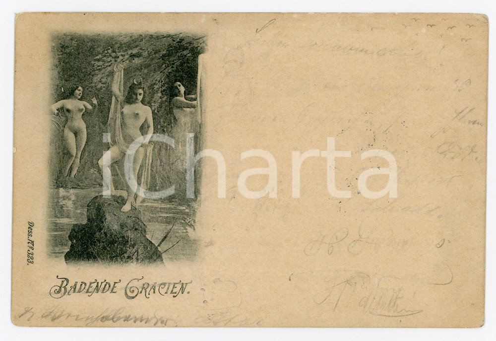 1900ca VINTAGE EROTIC Badede Gracien - Three naked woman in the river - Postcard  Cartolina d'epoca, viaggiata.CONDIZIONI: POOR (testo manoscritto cancellato al recto)FORMATO: FP    originale e autentica 1