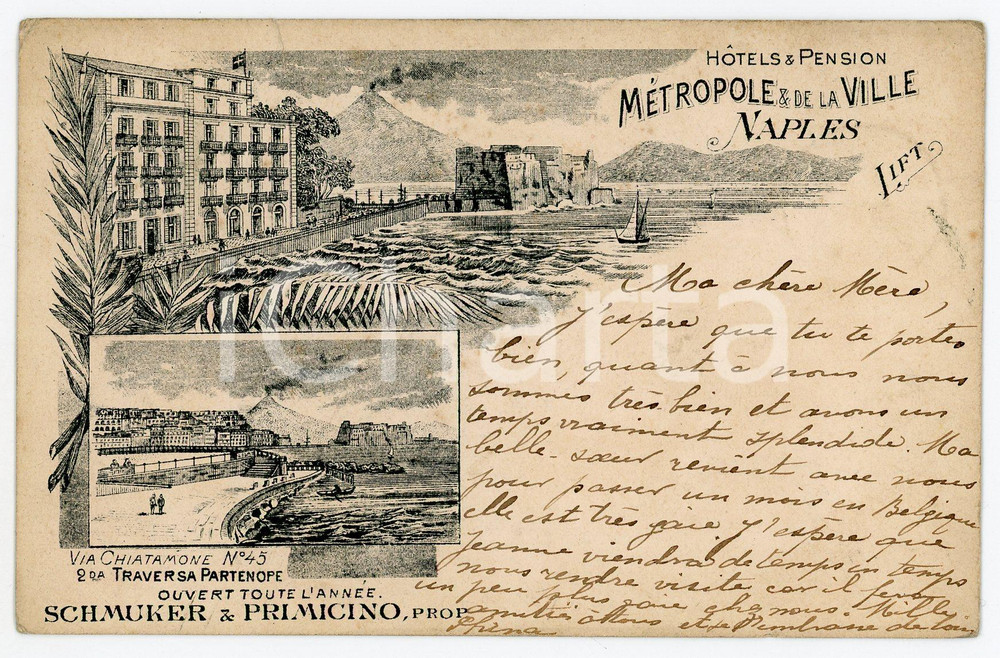 1898 NAPOLI Hotel Metropole - Pensione de la Ville - Via Chiatamone - Cartolina  Cartolina postale d'epoca, viaggiata.CONDIZIONI: POOR (abrasione  in prossimit&agrave; della rimozione dell'affrancatura)FORMATO: FP    originale e autentica 1