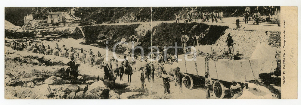 1913 CAVE DI CARRARA Trasporto dei marmi *Cartolina PANORAMICA FP VG  Cartolina postale d'epoca, viaggiata.CONDIZIONI: POOR (strappo in prossimit&agrave; della piegatura centrale)FORMATO: FP    originale e autentica 1
