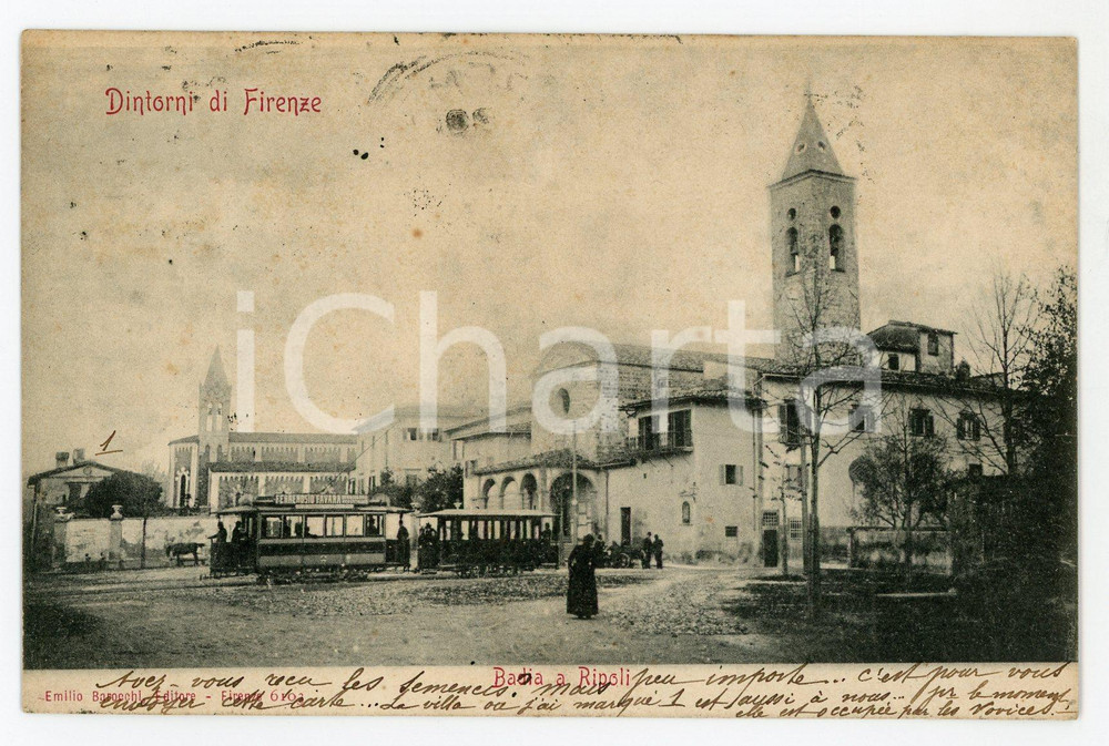 1908 BADIA A RIPOLI (FI) Abbazia di San Bartolomeo e tram - Cartolina FP VG  Cartolina postale d'epoca, viaggiata.CONDIZIONI: FAIRFORMATO: FP    originale e autentica 1