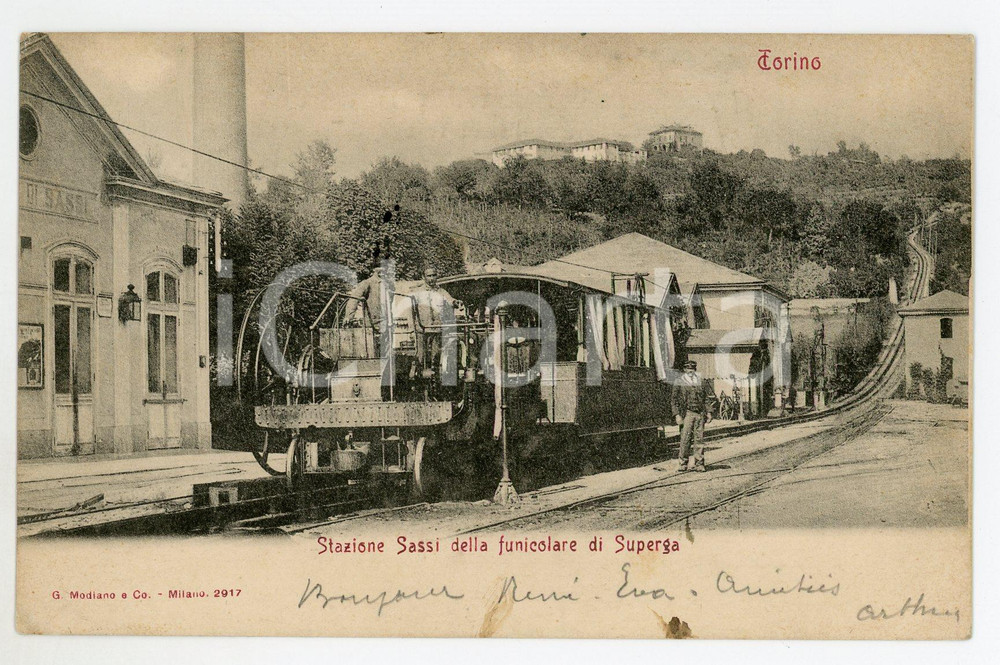 1904 TORINO Funicolare di SUPERGA Stazione Sassi - Cartolina ANIMATA FP VG  Cartolina postale d'epoca, viaggiata.CONDIZIONI: FAIRFORMATO: FP    originale e autentica 1
