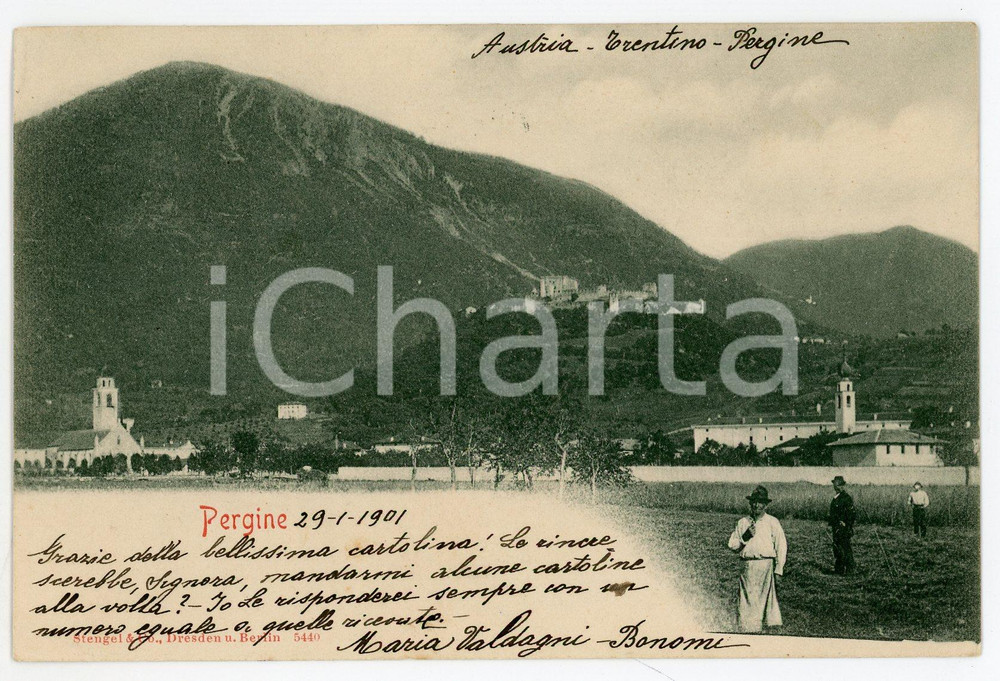 1901 PERGINE VALSUGANA (TN) Panorama del paese - Cartolina ANIMATA FP VG  Cartolina postale d'epoca, viaggiata.CONDIZIONI: FAIRFORMATO: FP    originale e autentica 1