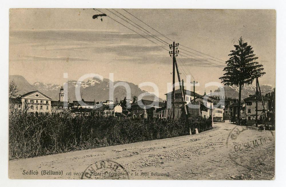 1915 SEDICO (BL) Vecchio Palazzo CREPADONA e Alpi bellunesi - Cartolina FP VG  Cartolina postale d'epoca, viaggiata.CONDIZIONI: fairFORMATO: FP    originale e autentica 1