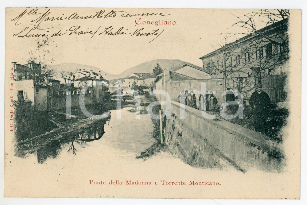 1900 CONEGLIANO Ponte della Madonna e Torrente Monticano - Cartolina ANIMATA  Cartolina postale d'epoca, viaggiata. GOOD/buono  Formato: 14x9 cm originale e autentica 1