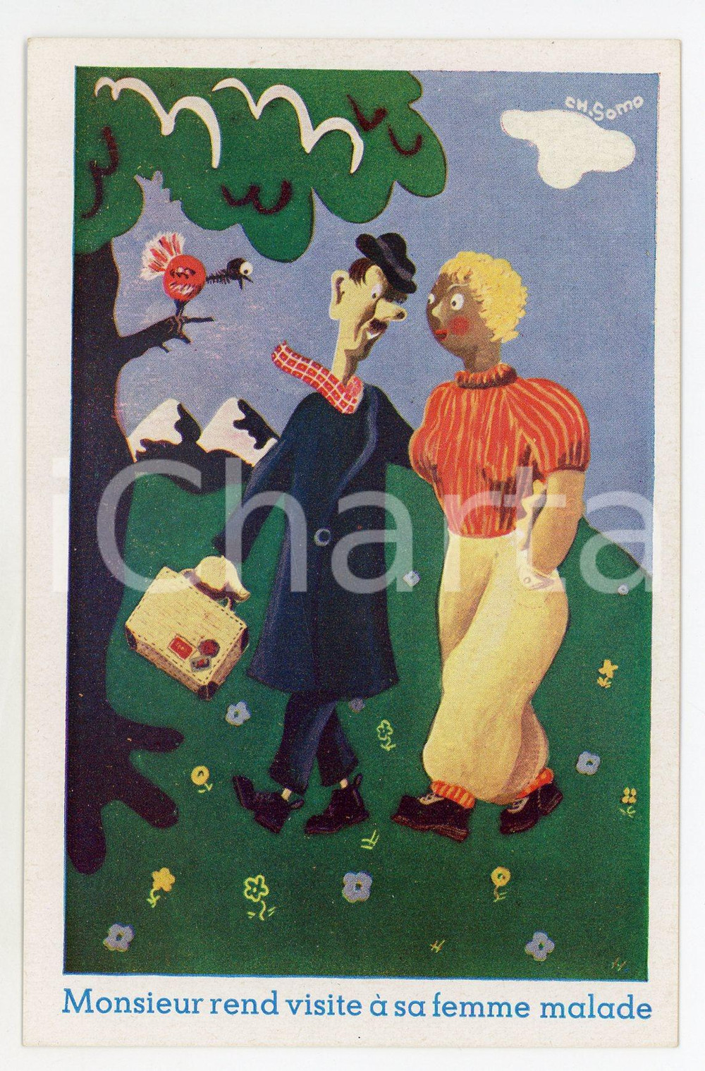 1955ca FRANCE COSTUMES Monsieur rend visite à sa femme malade - Ill. CH. SOMO  Cartolina postale d'epoca, non viaggiata.CONDIZIONI: GFORMATO: FP    originale e autentica 1
