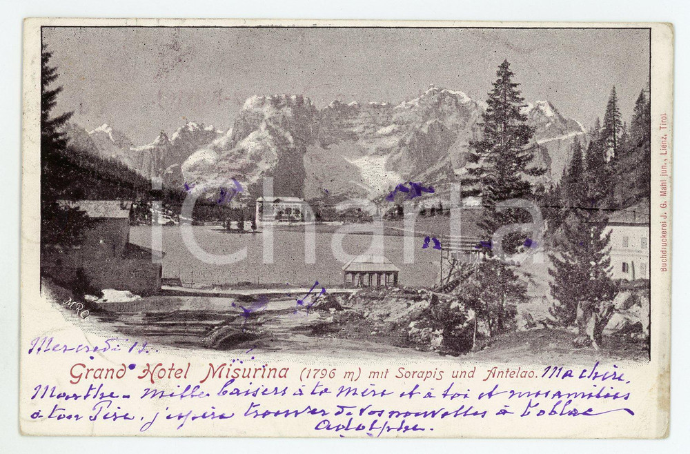 1900 GRAND HOTEL MISURINA Monte Antelao e Lago di Sorapis - Cartolina FP VG  Cartolina postale d'epoca, viaggiata.CONDIZIONI: FAIRFORMATO: FP    originale e autentica 1